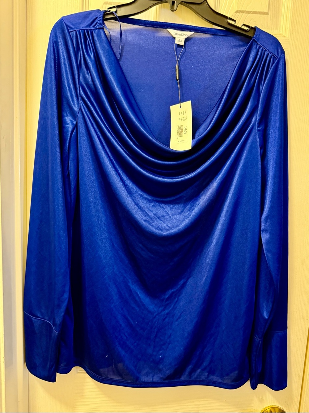 Calvin Klein Draped Cowl Neck Long Sleeve Top - Royal Blue